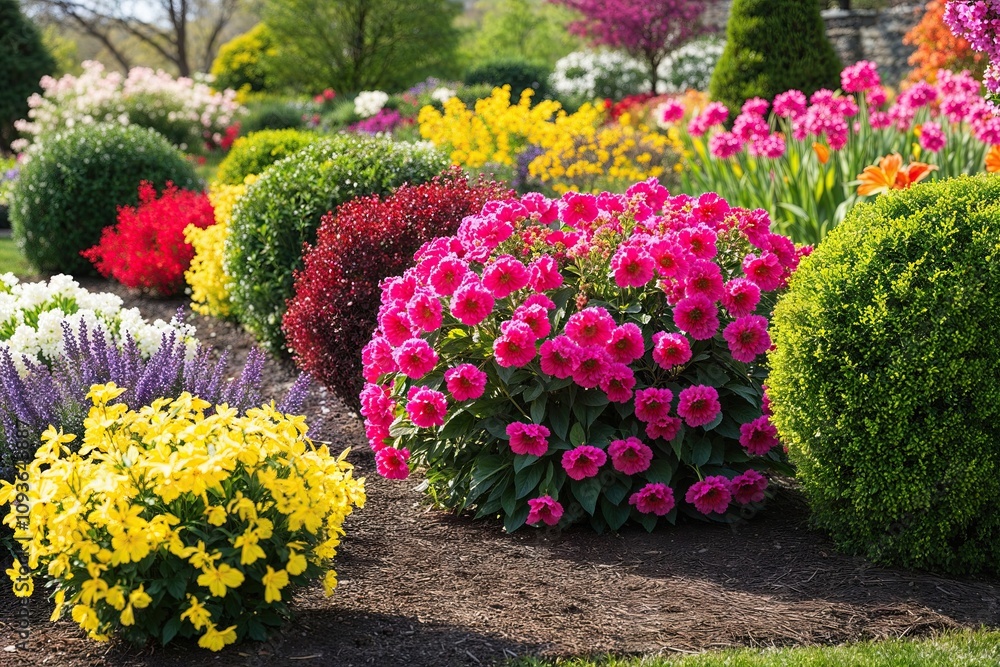 Vibrant Spring Flowers and Cheerful Shrubs in a Colorful Garden Landscape Vibrant Spring Flowers and Cheerful Shrubs in a Colorful Garden Landscape