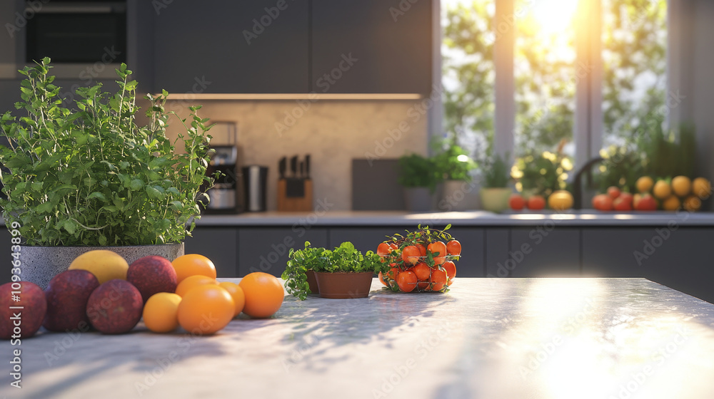 3D rendering of a modern, spacious kitchen with a large central island. The kitchen features contemporary cabinetry and high-end appliances, complemented by natural elements like growing herbs on the 3D rendering of a modern, spacious kitchen with a large central island. The kitchen features contemporary cabinetry and high-end appliances, complemented by natural elements like growing herbs on the