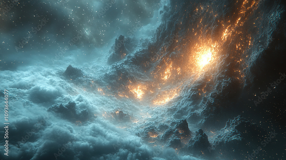 Visual representation of a celestial landscape with glowing eruptions and swirling clouds in deep space. Generative AI Visual representation of a celestial landscape with glowing eruptions and swirling clouds in deep space. Generative AI