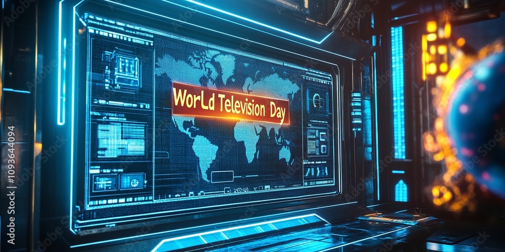 Futuristic Screen with Holographic 'World Television Day' Lettering Floating in Front Futuristic Screen with Holographic 'World Television Day' Lettering Floating in Front
