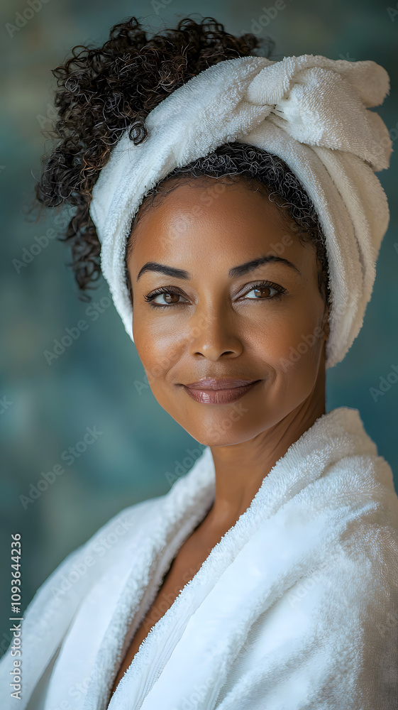 Obraz premium Confident woman with natural curls in a soft spa setting, wearing a white towel and robe. Self-care, skincare routine, elegant lifestyle, radiant beauty, wellness retreat