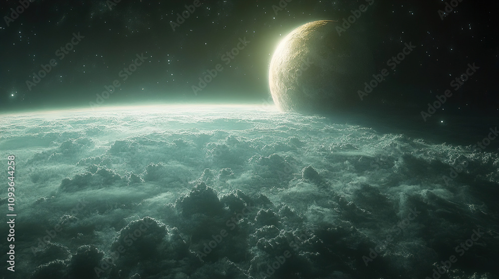 Vast clouds enveloping a distant planet under a starry sky in a cosmic landscape. Generative AI Vast clouds enveloping a distant planet under a starry sky in a cosmic landscape. Generative AI
