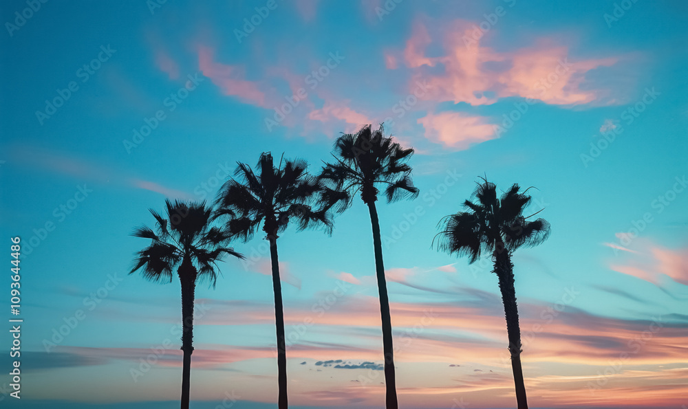 Obraz premium palm trees at blue sky background at dusk, California vacation wallpaper