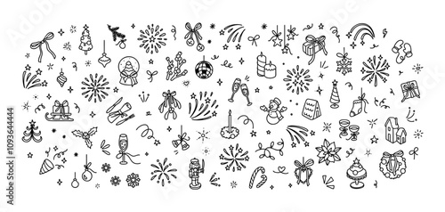 Cute line doodle Merry Christmas and. Happy New Year hand drawn rectangle background. Minimalist kids crayon scribble. Party celebration. Firework, confetti, light and movement magic effect