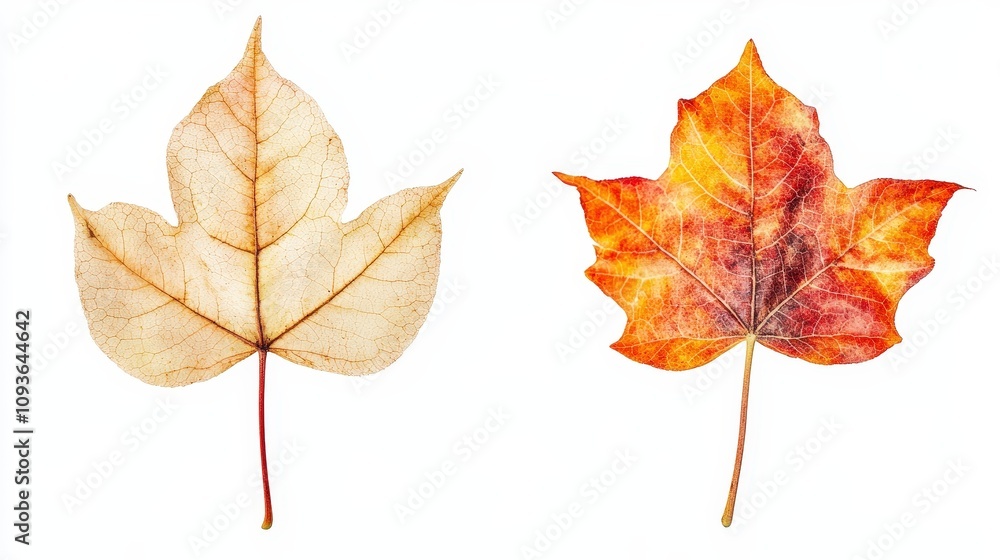 Contrast of autumn: vibrant red maple leaf and faded white leaf on white background Contrast of autumn: vibrant red maple leaf and faded white leaf on white background