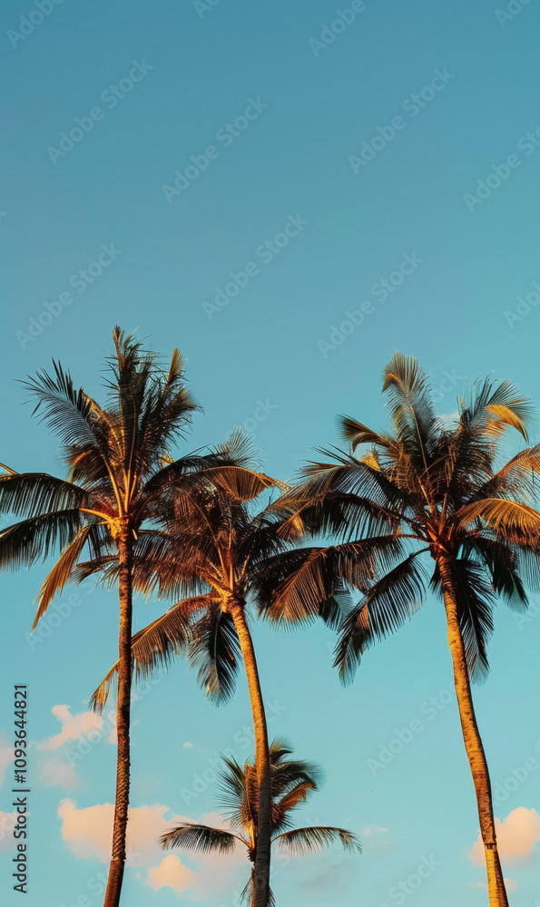 palm trees at blue sky background at dusk, California vacation wallpaper palm trees at blue sky background at dusk, California vacation wallpaper
