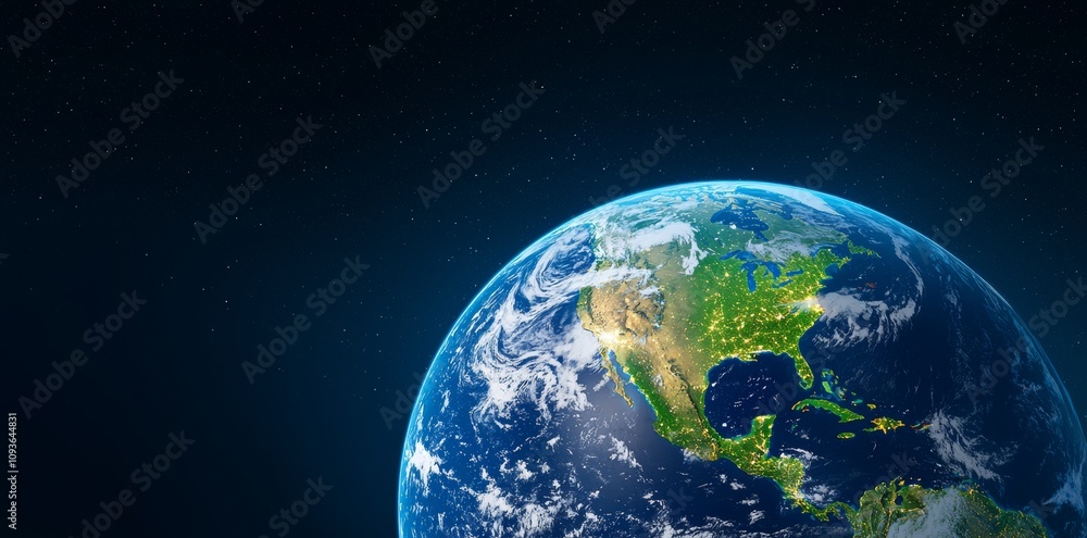 Obraz premium A three-dimensional depiction of our planet, featuring intricate relief and atmospheric details, illustrating both day and night. The image highlights Europe, North Africa, and the Middle East.