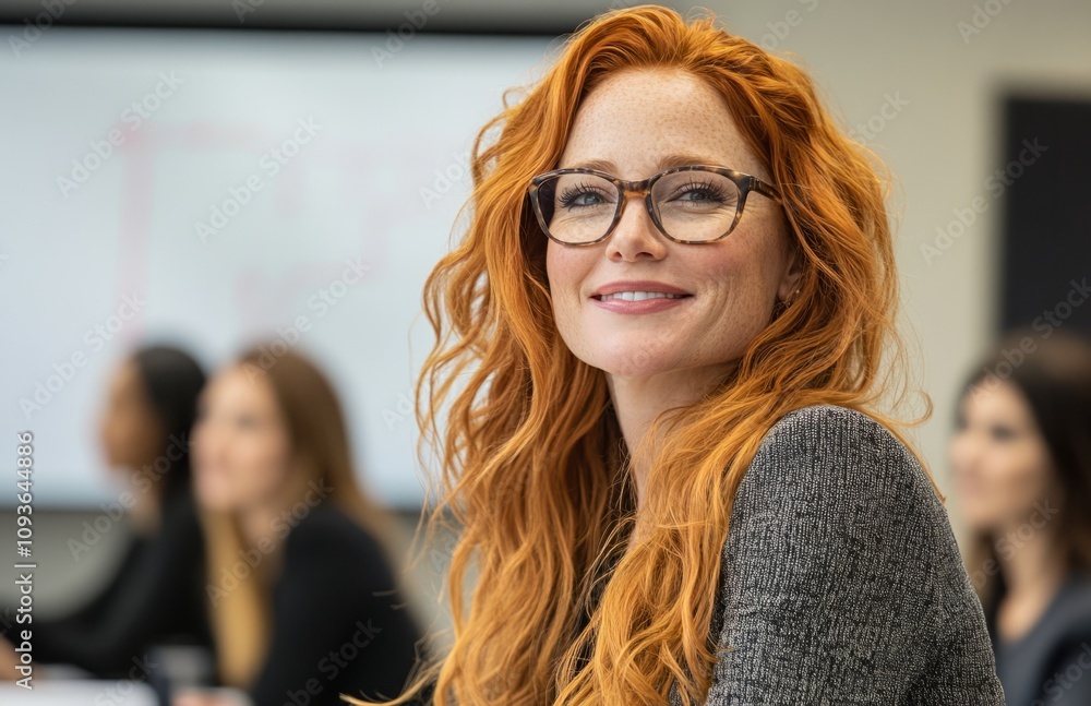 Female Manager Smiling During Office Meeting with Team Discussion