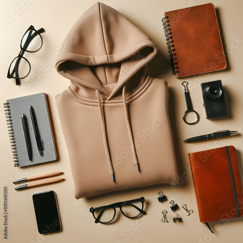 Flat Lay of Hoodie with Notebook and Glasses photo