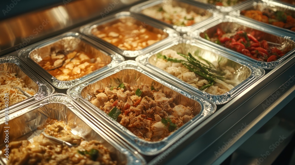 A variety of Asian food dishes displayed in metal containers on a buffet line. A variety of Asian food dishes displayed in metal containers on a buffet line.
