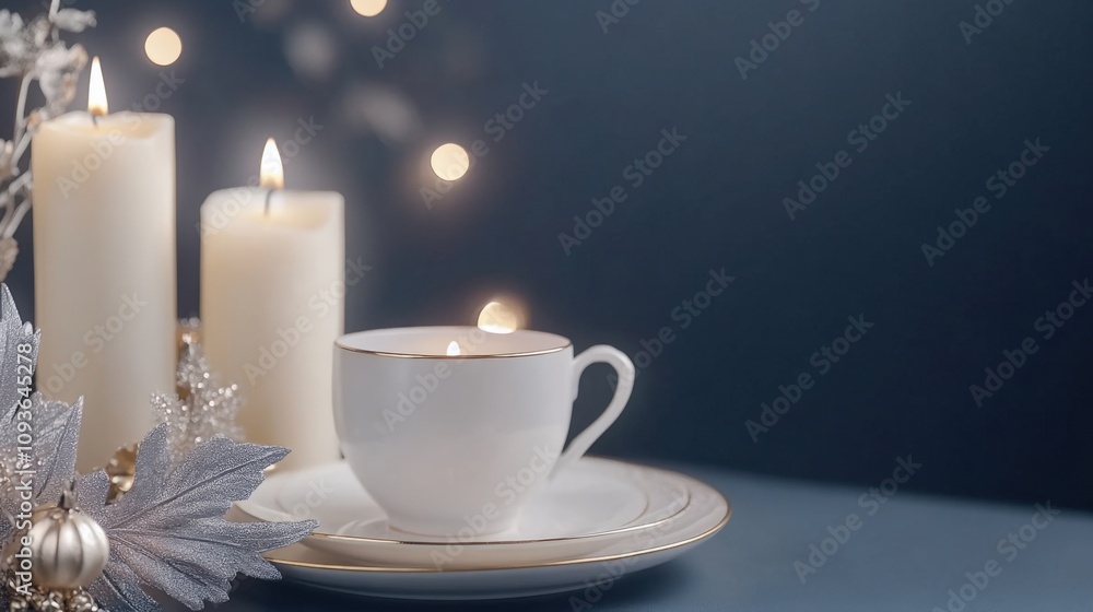 Elegant Holiday Tea Setting with Glowing Candlelight and Festive Decorations Elegant Holiday Tea Setting with Glowing Candlelight and Festive Decorations