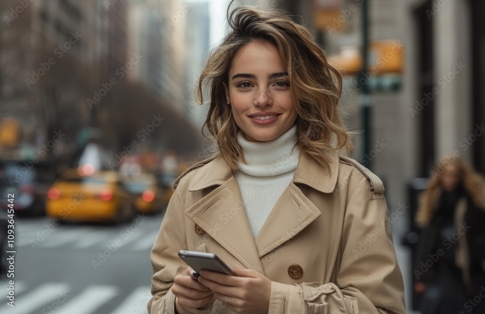 Fototapeta premium A Young Woman in Elegant Trench Coat Standing on City Street