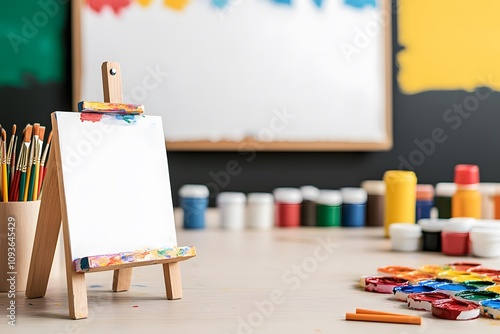 An art area in a kindergarten classroom, featuring easels, paint colours, and brushes, creating a vibrant and creative space for young children to explore their artistic expression photo