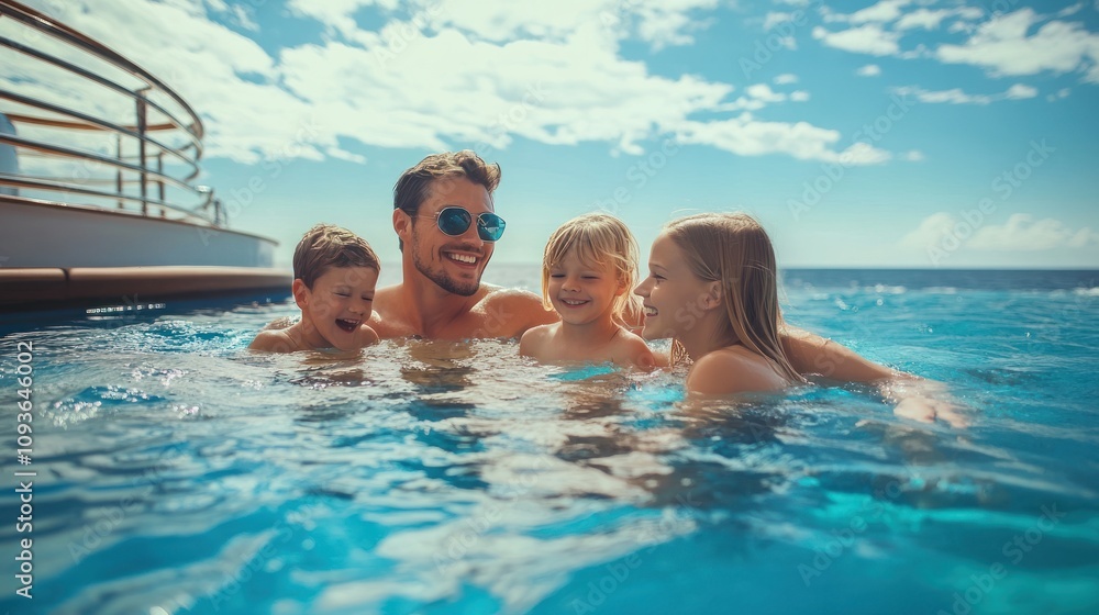A happy family enjoys a relaxing swim in a pool on a sunny day. A happy family enjoys a relaxing swim in a pool on a sunny day.