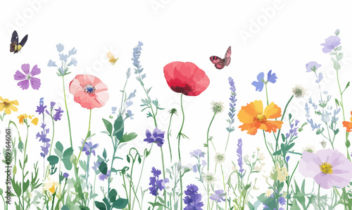 Vibrant Summer Wildflowers with Butterflies Vector: Poppies, Chamomile, Lavender, and More