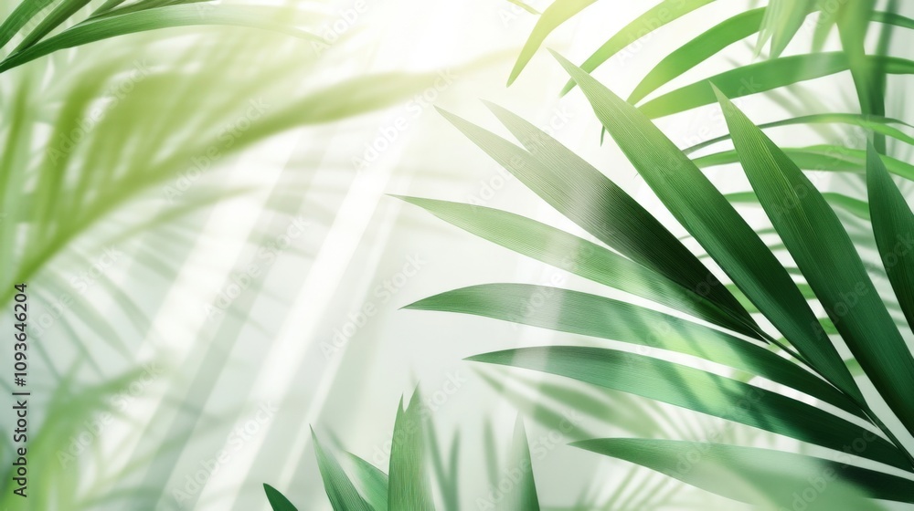 Lush Green Palm Leaves in Sunlit Tropical Garden with Soft Light and Shadows Lush Green Palm Leaves in Sunlit Tropical Garden with Soft Light and Shadows