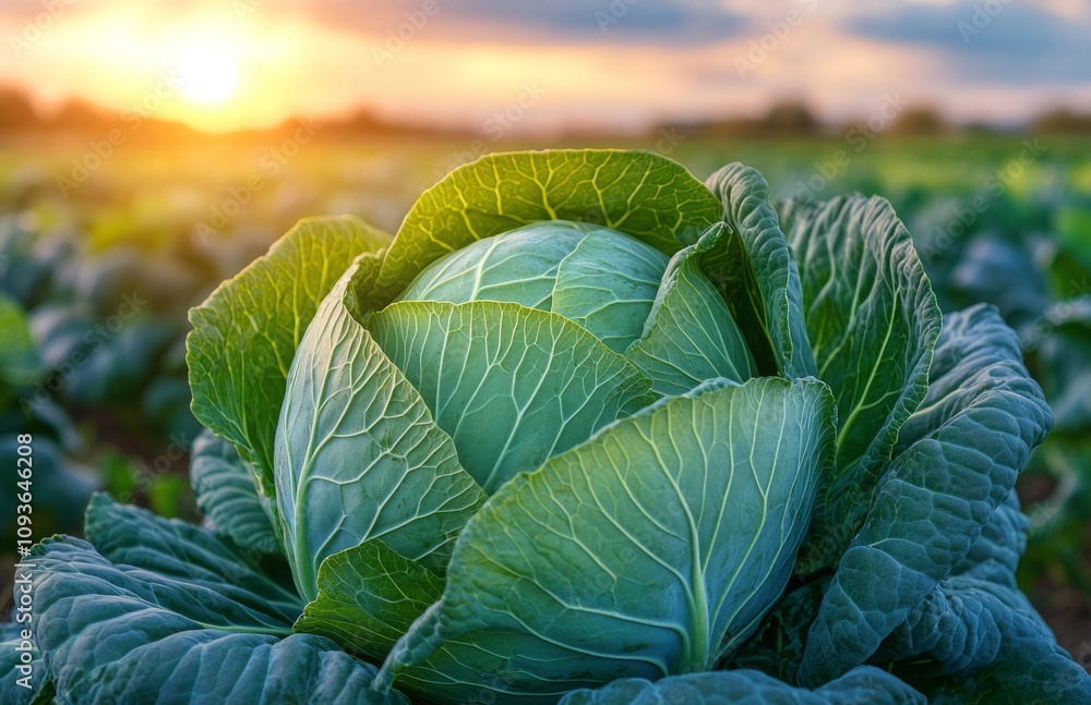 Fototapeta premium Large Green Cabbage Growing in Endless Vegetable Field in the Foreground