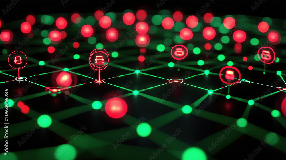 Digital network representation with glowing red and green nodes illustrating data connectivity. Generative AI Digital network representation with glowing red and green nodes illustrating data connectivity. Generative AI