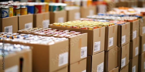 Rows of cardboard boxes filled with canned goods, stacked and organized in a warehouse or distribution center.