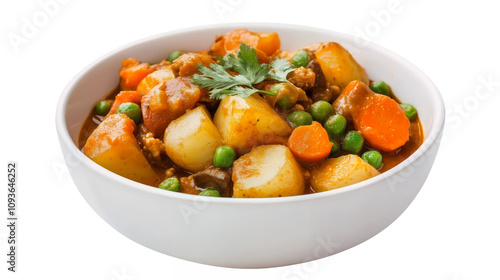 A bowl of vibrant vegetable curry with chunks of potato isolated on a transparent background, PNG