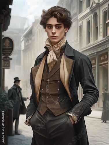 Young man dressed in formal Victorian-era attire stands on city street. Wears tailored suit with cravat, bow tie. Poised, stylish. Another man in background. Scene evokes vintage elegance, history.