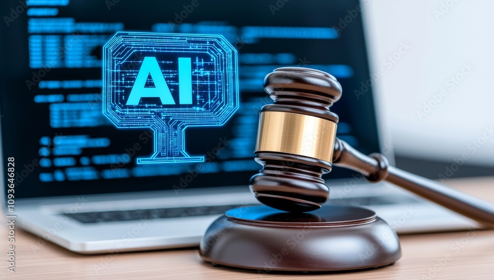 The principles of AI law and ethics. Symbolized by a judicial gavel and law icon. Regulations and laws under the AI Act. Legal controls for high-risk stock technology. Cyber law and digital law.