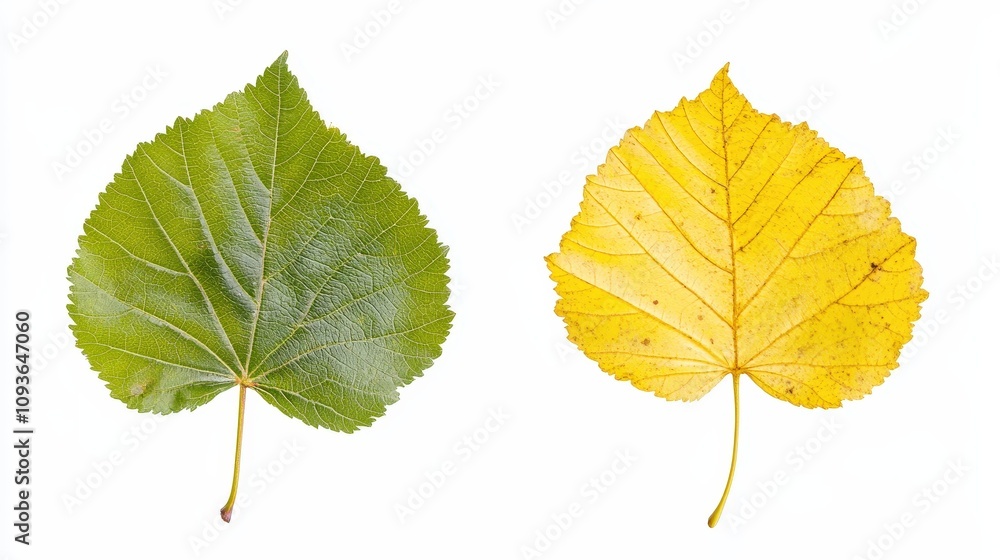 Fototapeta premium Seasonal contrast: green and yellow leaves on white background