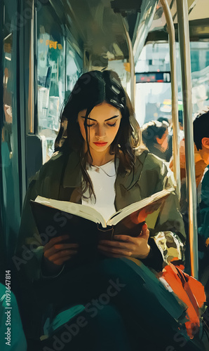 beautiful woman in bus or subway reading interesting novel book while going to work or study