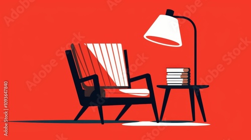 Stylish black and white striped chair beside a modern lamp and stack of books, set against a vibrant red background.
