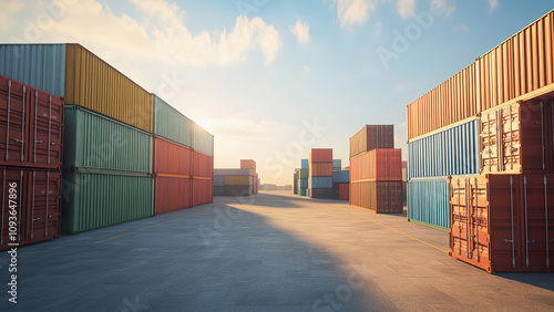 Wallpaper Mural Docked shipping containers organized in stacked lines during sunset at a busy port Torontodigital.ca