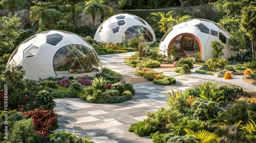 Three geodesic domes shaped like soccer balls sit in a garden with lush green foliage. photo