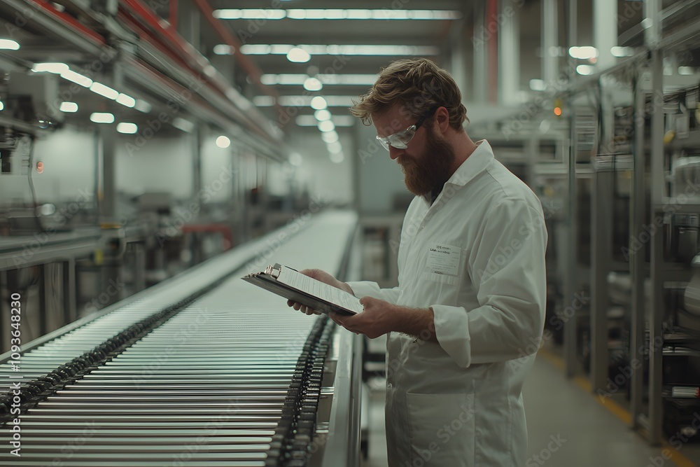 An engineer reviewing safety protocols on a clipboard, focused on ensuring workplace safety and compliance, surrounded by technical equipment and a professional environment An engineer reviewing safety protocols on a clipboard, focused on ensuring workplace safety and compliance, surrounded by technical equipment and a professional environment