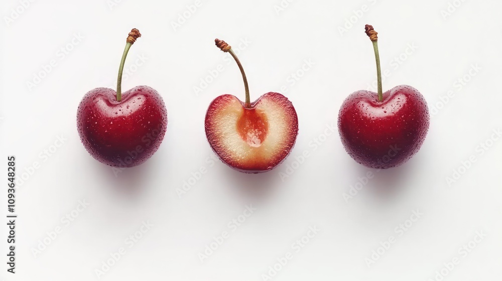 Three red cherries, one halved, on a white background. Three red cherries, one halved, on a white background.