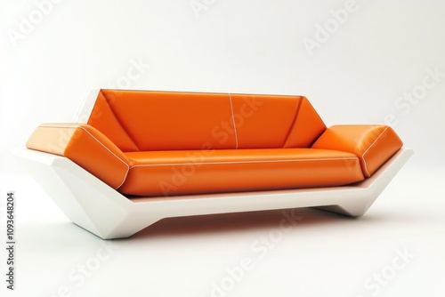 A modern orange and white sofa with geometric lines isolated on a white background.