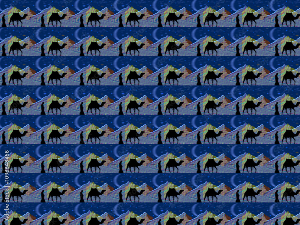 Fototapeta premium Seamless patterned print for wrapping paper with camel rider and nomad in dessert. Hills and mountains at night. Dessert pattern illustration, artwork