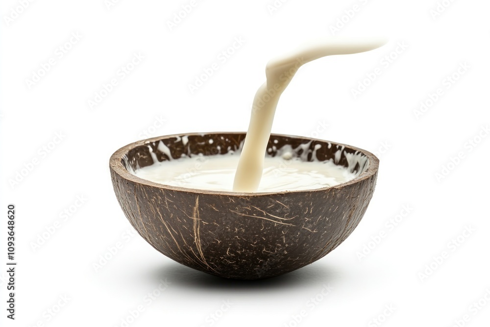 Coconut milk pouring into a coconut shell bowl, isolated on white background. Coconut milk pouring into a coconut shell bowl, isolated on white background.