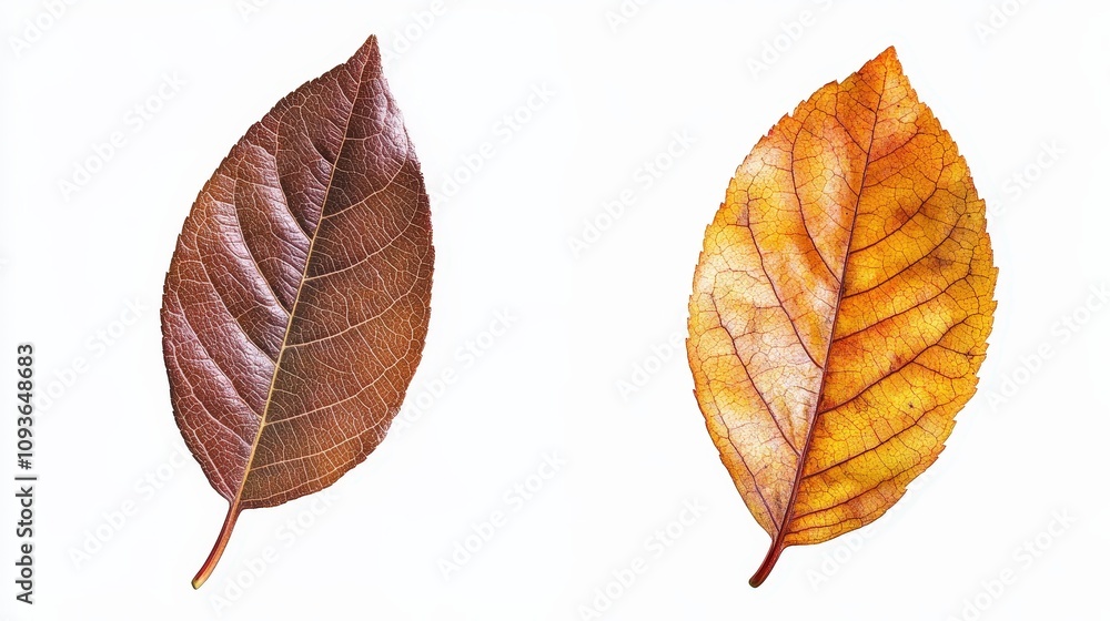 Fototapeta premium Autumn transformation: detailed comparison of brown and yellow leaves