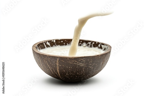 Coconut milk pouring into a coconut shell bowl, isolated on white background.