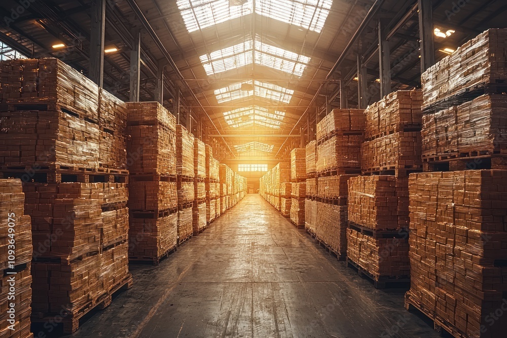 Rows of Stacked Wooden Pallets in a Warehouse Rows of Stacked Wooden Pallets in a Warehouse