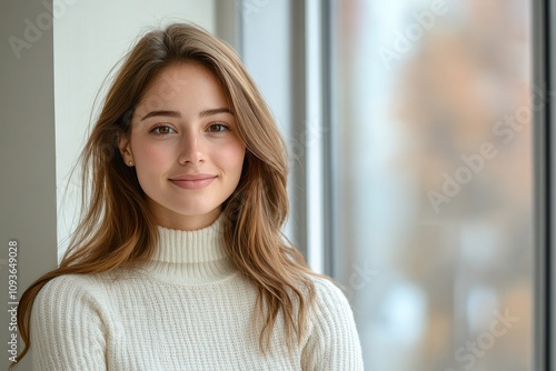 A young woman smiling in a cozy sweater by a window.