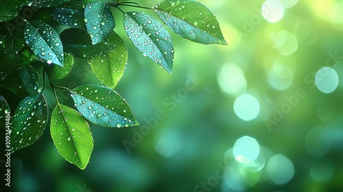 Dew-covered green leaves with sunlit bokeh background in nature photo