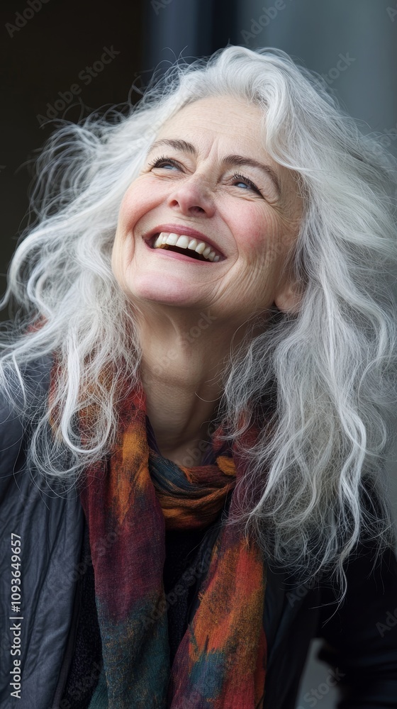 Smiling elderly woman with vibrant gray hair, exuding happiness and warmth, captured in a close-up portrait. Smiling elderly woman with vibrant gray hair, exuding happiness and warmth, captured in a close-up portrait.