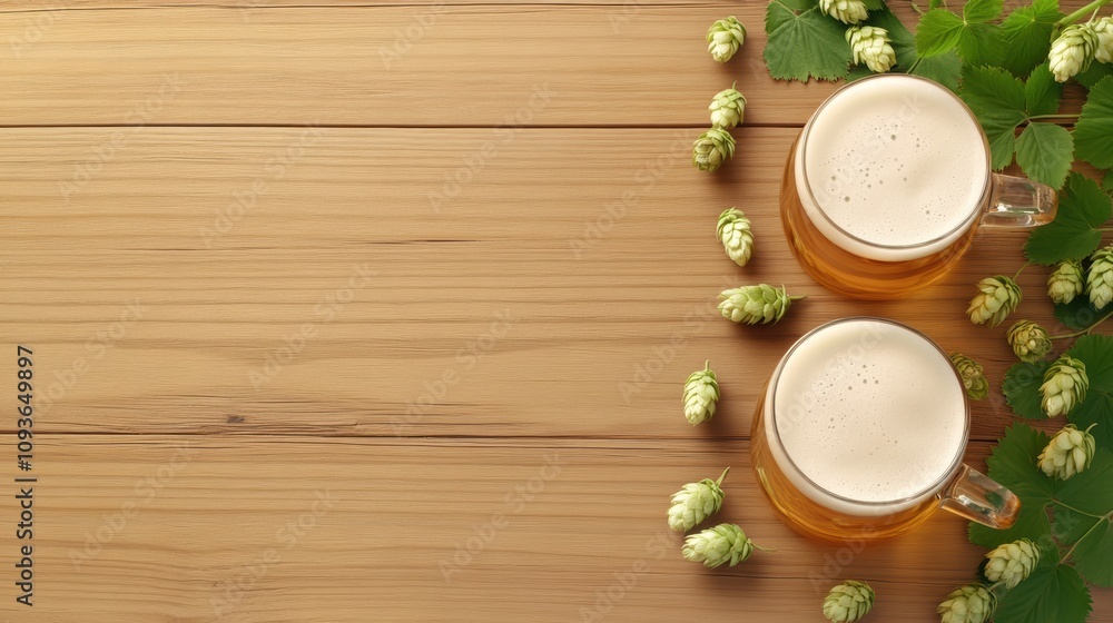Frothy Beer Surrounded by Hops and Barley Frothy Beer Surrounded by Hops and Barley