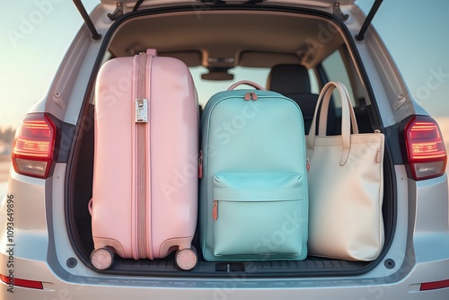 a car back door gently ajar, showcasing a delicate pink suitcase, a soft blue backpack, and a creamy white tote bag photo