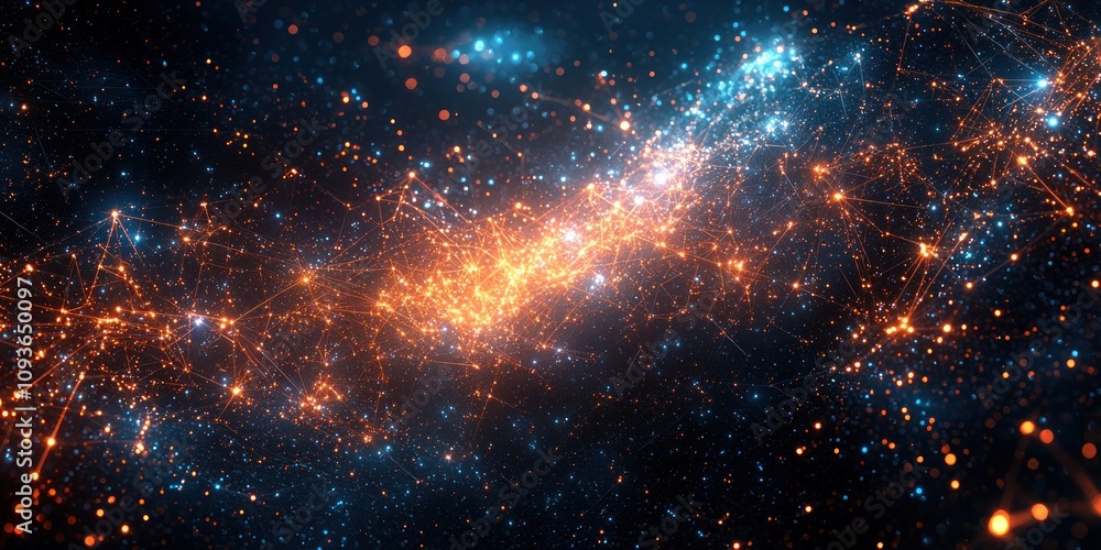 Fototapeta premium Abstract cosmic network with glowing blue and orange lights