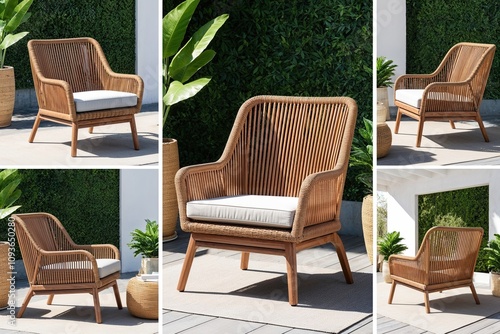 Cozy Light Brown Rattan Chair Illustrated from Multiple Viewpoints for Comfortable Outdoor Seating