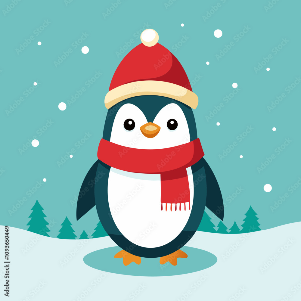 A cheerful penguin dressed in a festive Christmas outfit, featuring a red Santa hat and a cozy green scarf, standing in a snowy winter wonderland with twinkling lights and holiday decorations A cheerful penguin dressed in a festive Christmas outfit, featuring a red Santa hat and a cozy green scarf, standing in a snowy winter wonderland with twinkling lights and holiday decorations