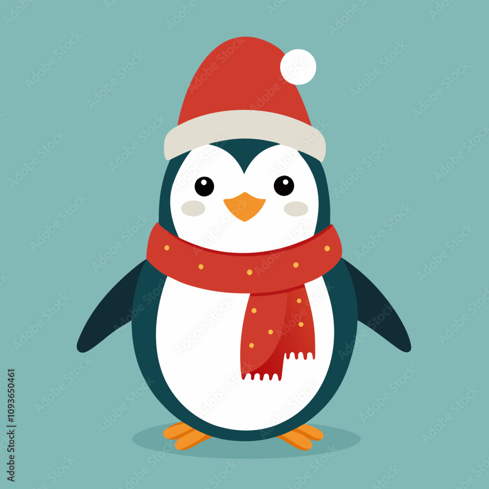 A cheerful penguin dressed in a festive Christmas outfit, featuring a red Santa hat and a cozy green scarf, standing in a snowy winter wonderland with twinkling lights and holiday decorations A cheerful penguin dressed in a festive Christmas outfit, featuring a red Santa hat and a cozy green scarf, standing in a snowy winter wonderland with twinkling lights and holiday decorations