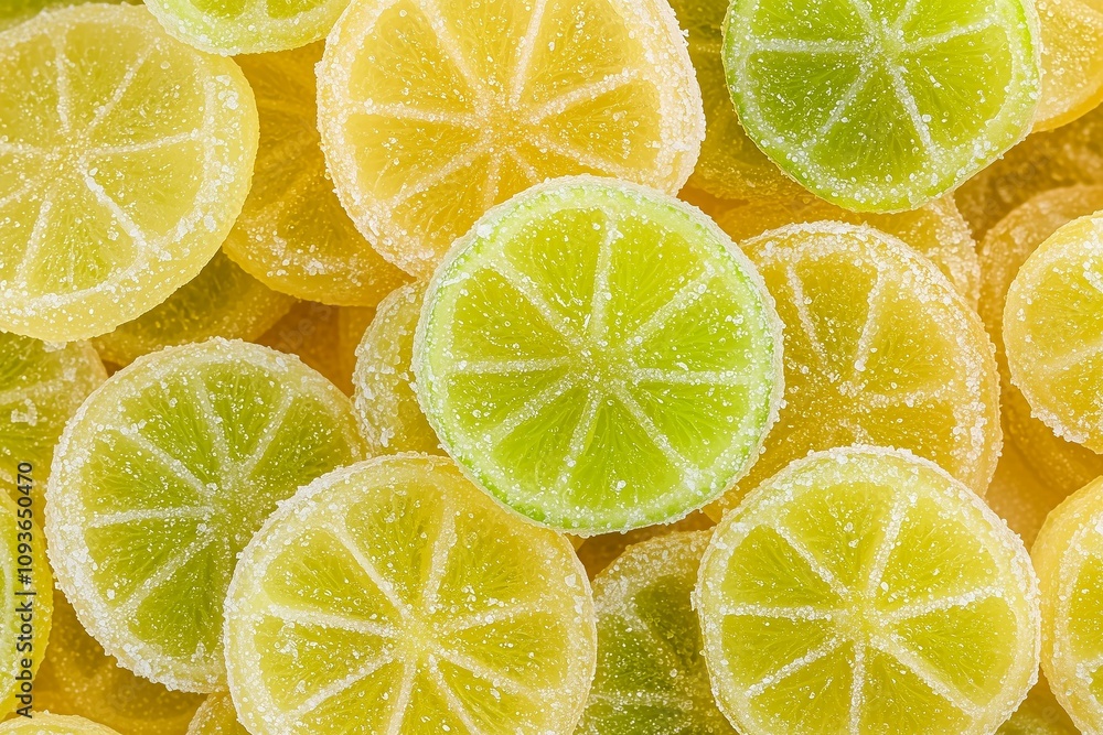 Close-Up of a Pile of Candied Lime Slices, Displaying Zesty Tones and a Glossy Finish. Ideal for Sweet Treat Promotions, Ingredient Spotlights, or Creative Visuals Close-Up of a Pile of Candied Lime Slices, Displaying Zesty Tones and a Glossy Finish. Ideal for Sweet Treat Promotions, Ingredient Spotlights, or Creative Visuals