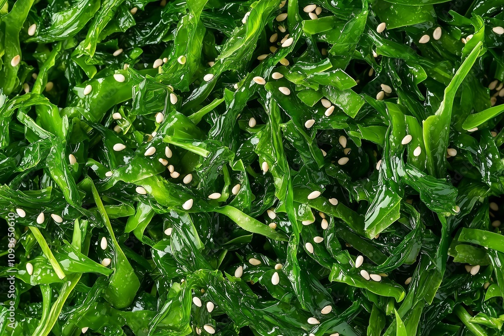 Close-Up of Seaweed Salad, Topped with Sesame Seeds and Arranged in a Pile, Highlighting Its Unique Texture and Vibrant Appeal. Ideal for Vegan Recipes, Nutrition Blogs, or Menu Design